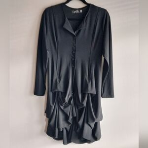 Sympli Black Artsy Lagenlook 3/4  Button Front Gathered Layered Hem Midi Dress